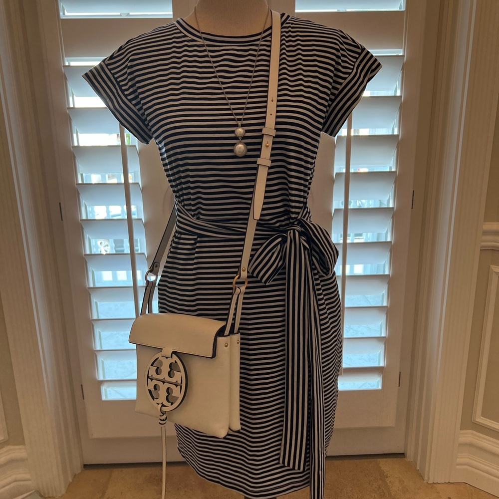 Black and White Sheath Mini Dress with Ruched Tie Front